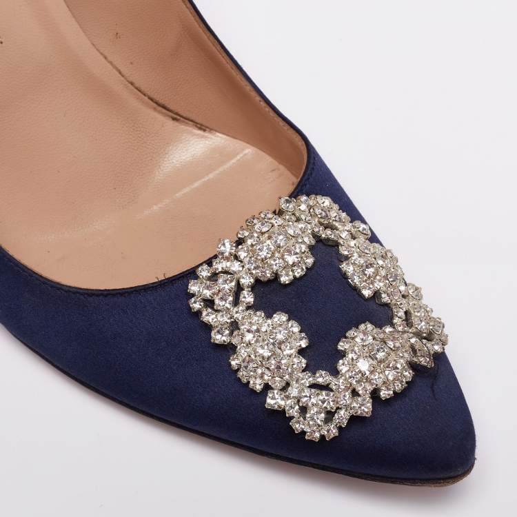 Pre Owned Manolo Blahnik Navy Blue Satin Hangisi Pumps Size 41