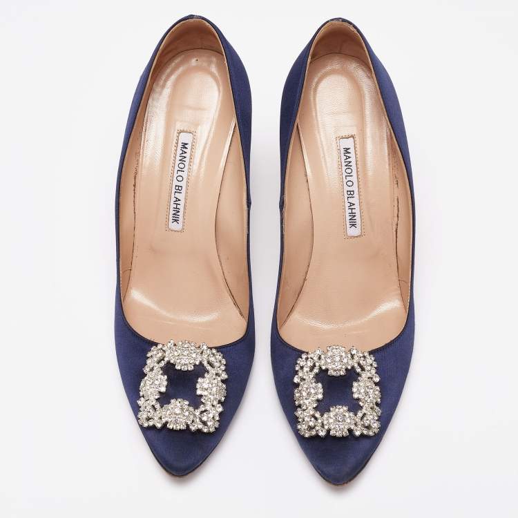 Pre Owned Manolo Blahnik Navy Blue Satin Hangisi Pumps Size 41