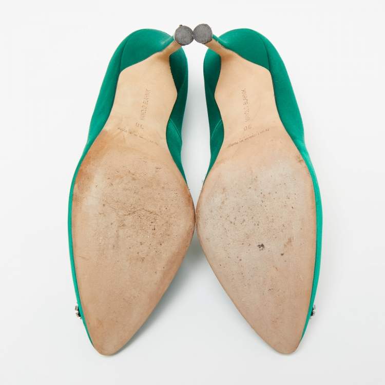 Pre Owned Manolo Blahnik Green Satin Hangisi  Pumps Size 38