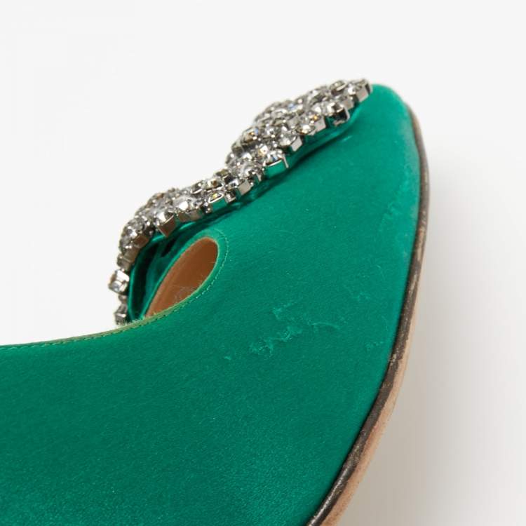 Pre Owned Manolo Blahnik Green Satin Hangisi  Pumps Size 38