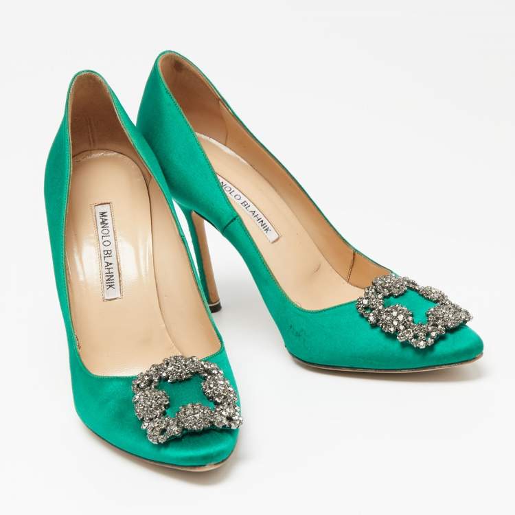 Pre Owned Manolo Blahnik Green Satin Hangisi  Pumps Size 38