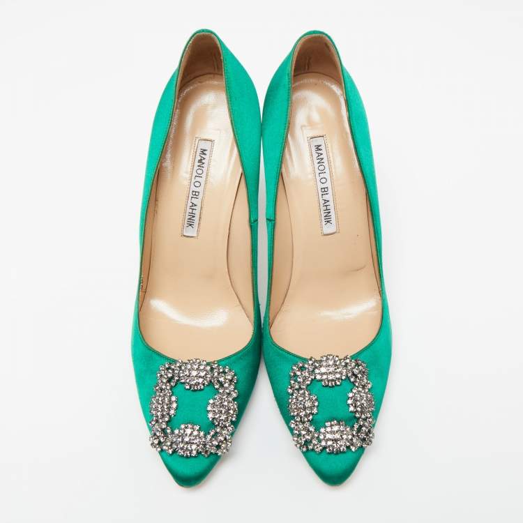 Pre Owned Manolo Blahnik Green Satin Hangisi  Pumps Size 38