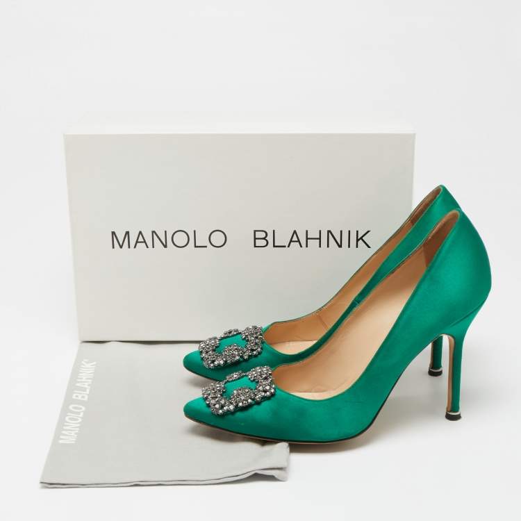 Pre Owned Manolo Blahnik Green Satin Hangisi  Pumps Size 38