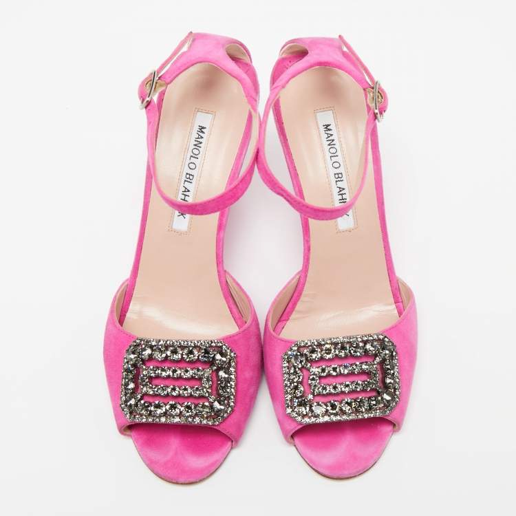 Pre Owned Manolo Blahnik Fuchsia Suede Crystal Embellished Trice Wedge Sandals Size 37