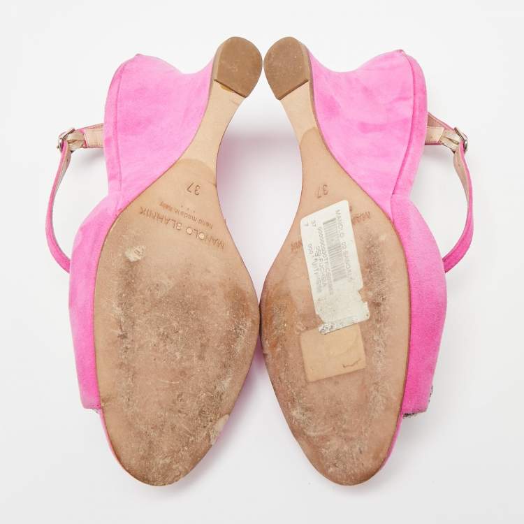 Pre Owned Manolo Blahnik Fuchsia Suede Crystal Embellished Trice Wedge Sandals Size 37