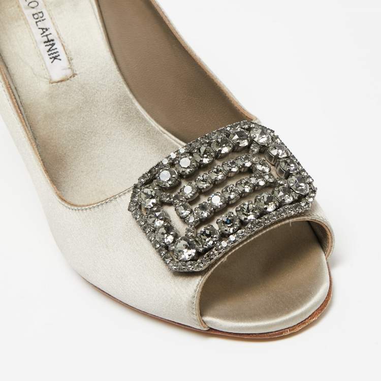 Pre Owned Manolo Blahnik Grey Satin Embellished Peep Toe Pumps Size  39.5 