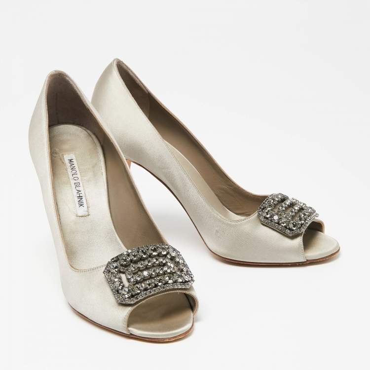 Pre Owned Manolo Blahnik Grey Satin Embellished Peep Toe Pumps Size  39.5 