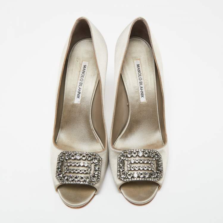 Pre Owned Manolo Blahnik Grey Satin Embellished Peep Toe Pumps Size  39.5 