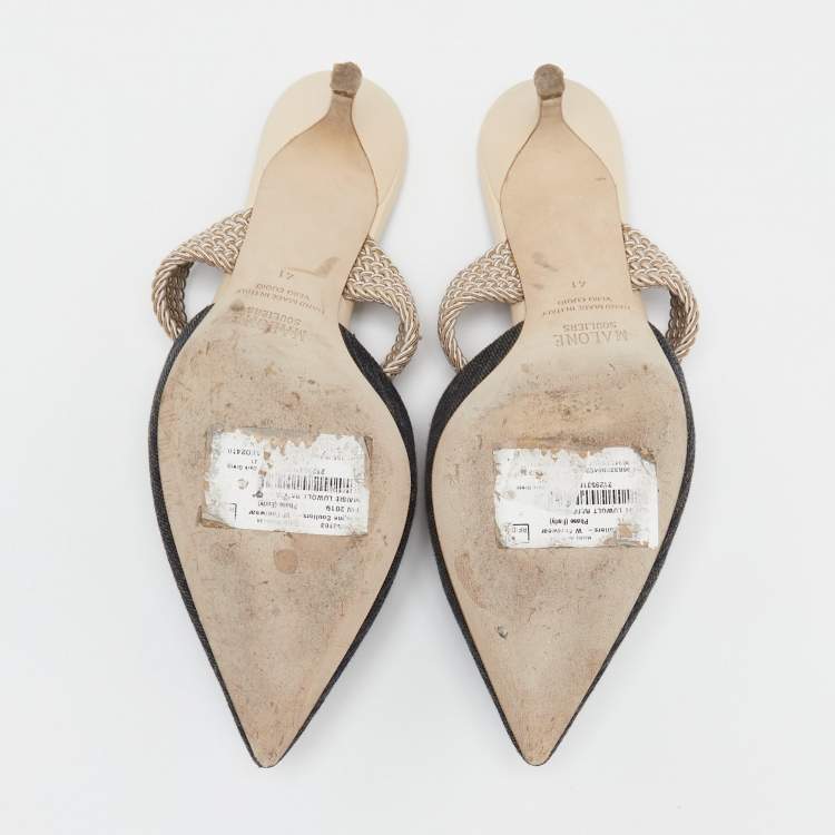 Pre Owned Malone Souliers Two Tone Glitter Canvas And Raffia Maisie Pointed Toe Mule Sandals Size 41