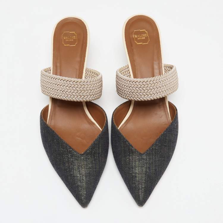 Pre Owned Malone Souliers Two Tone Glitter Canvas And Raffia Maisie Pointed Toe Mule Sandals Size 41