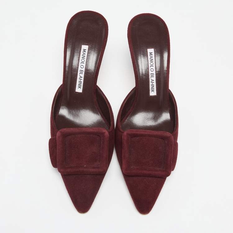 Pre Owned Manolo Blahnik Burgundy Suede Maysale Mules Size 37 