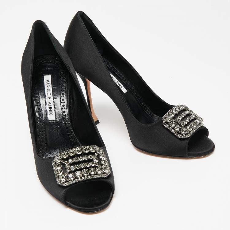 Pre Owned Manolo Blahnik Black Satin Matik Peep Toe Pumps Size 38.5 