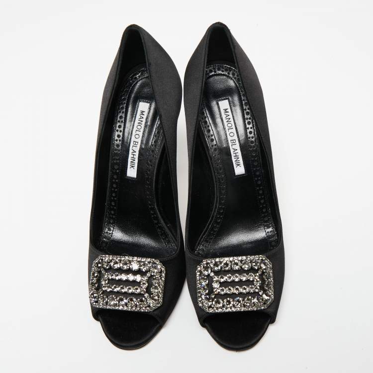 Pre Owned Manolo Blahnik Black Satin Matik Peep Toe Pumps Size 38.5 