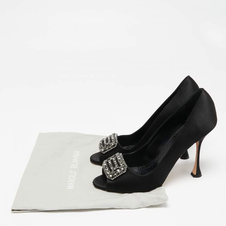 Pre Owned Manolo Blahnik Black Satin Matik Peep Toe Pumps Size 38.5 