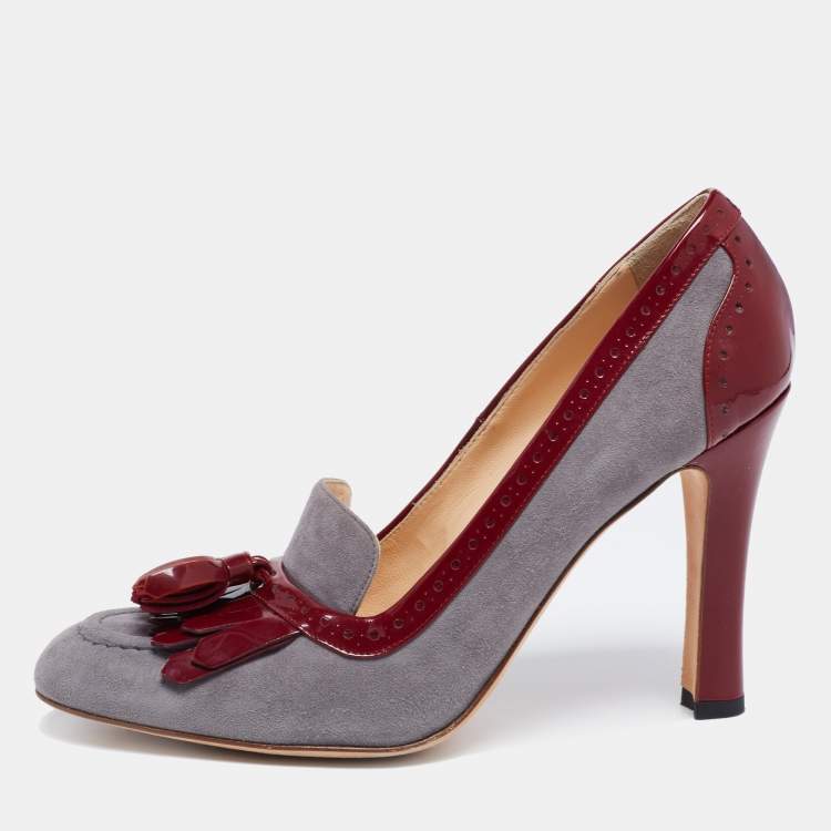 Pre Owned Manolo Blahnik Grey/Red Brogue Patent Leather and Suede Tassel Pumps Size 38.5 