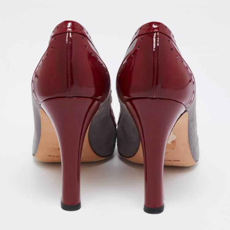 Pre Owned Manolo Blahnik Grey/Red Brogue Patent Leather and Suede Tassel Pumps Size 38.5 