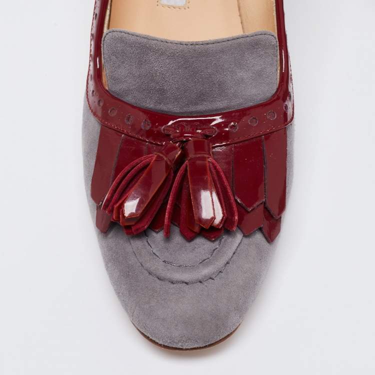 Pre Owned Manolo Blahnik Grey/Red Brogue Patent Leather and Suede Tassel Pumps Size 38.5 