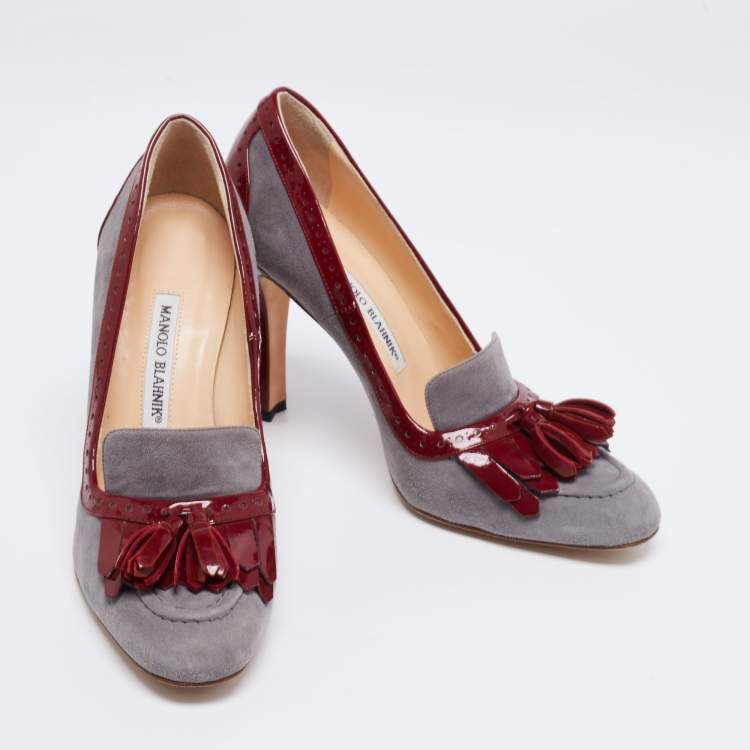 Pre Owned Manolo Blahnik Grey/Red Brogue Patent Leather and Suede Tassel Pumps Size 38.5 