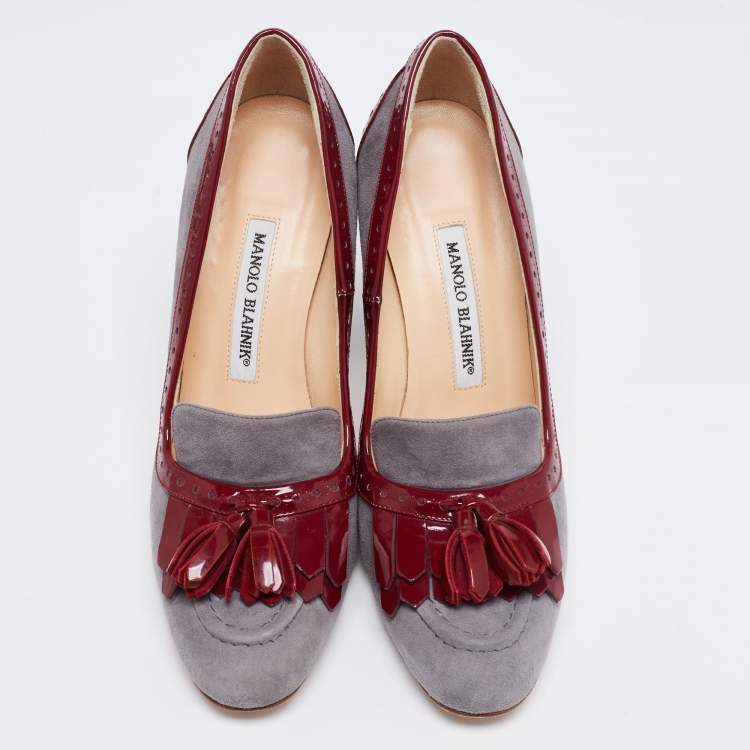 Pre Owned Manolo Blahnik Grey/Red Brogue Patent Leather and Suede Tassel Pumps Size 38.5 