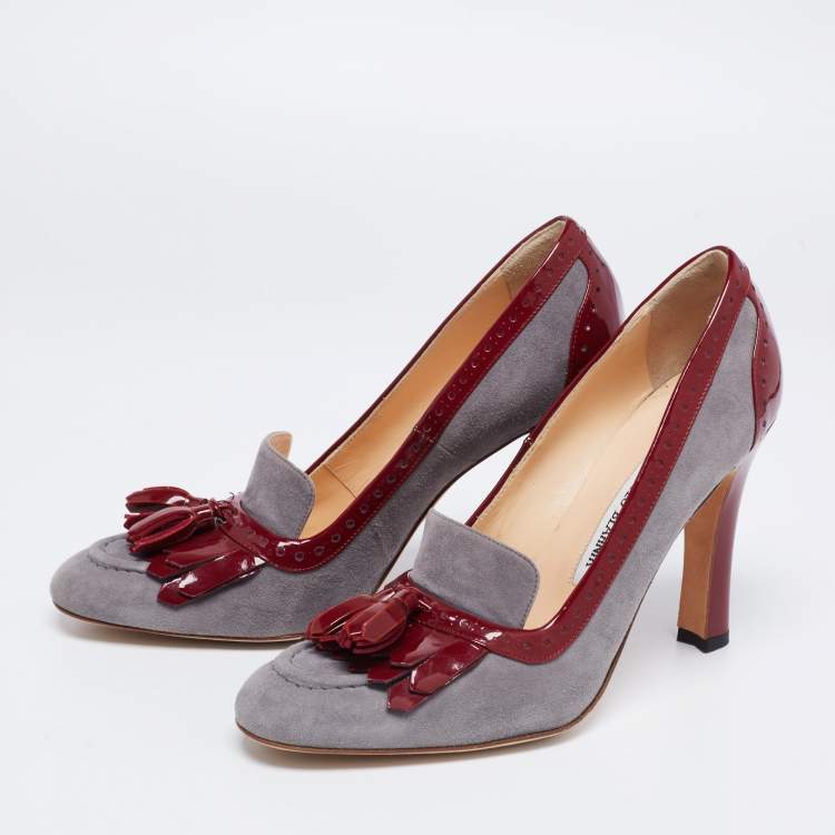 Pre Owned Manolo Blahnik Grey/Red Brogue Patent Leather and Suede Tassel Pumps Size 38.5 