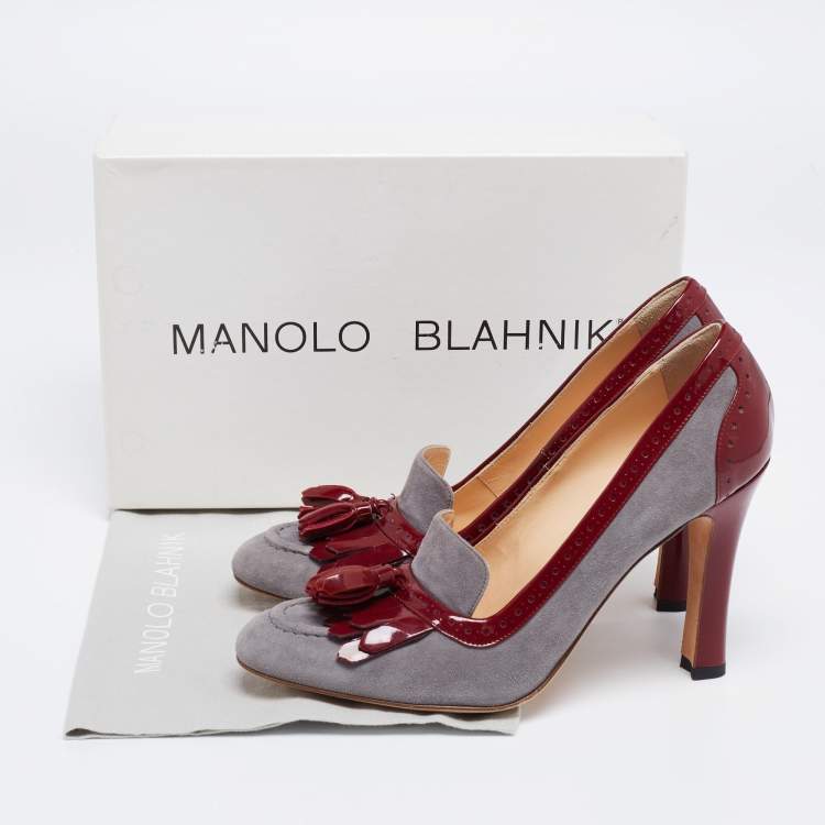 Pre Owned Manolo Blahnik Grey/Red Brogue Patent Leather and Suede Tassel Pumps Size 38.5 