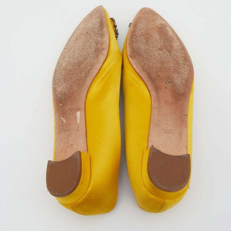 Pre Owned Manolo Blahnik Yellow Satin Hangisi Crystal Embellished Ballet Flats Size 38.5