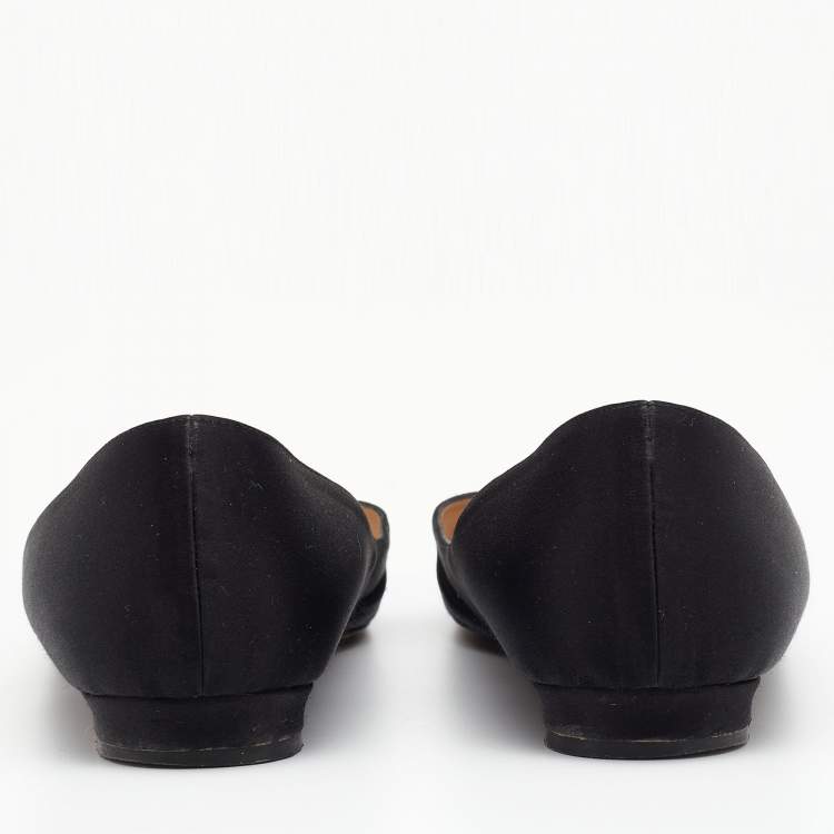 مملوكة مسبقًا Manolo Blahnik Black Satin Hangisi Crystal Embellished Ballet Flats Size 38.5