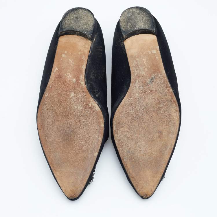 مملوكة مسبقًا Manolo Blahnik Black Satin Hangisi Crystal Embellished Ballet Flats Size 38.5
