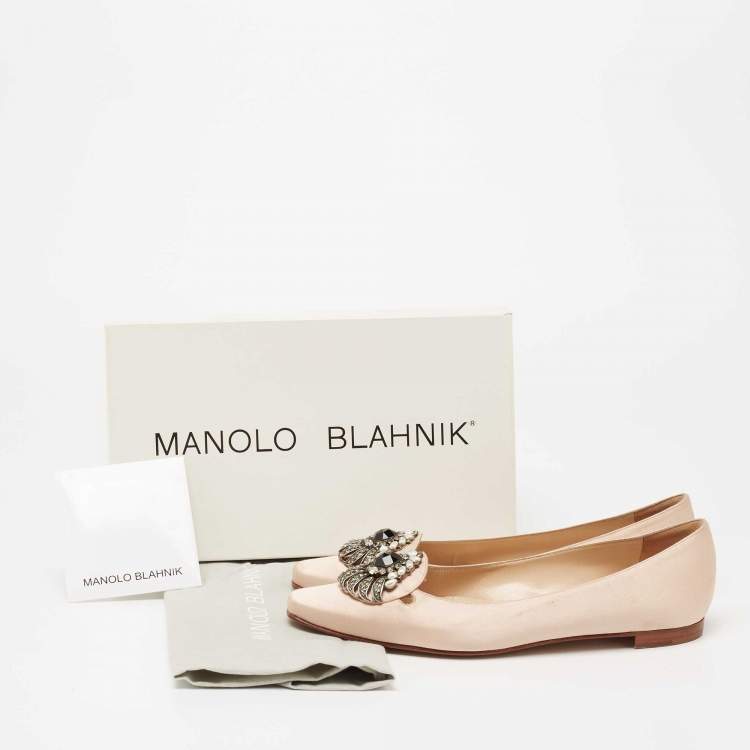Pre Owned Manolo Blahnik Light Pink Satin Crystal Embellished Buckle Ballet Flats Size 38