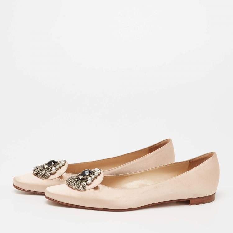 Pre Owned Manolo Blahnik Light Pink Satin Crystal Embellished Buckle Ballet Flats Size 38