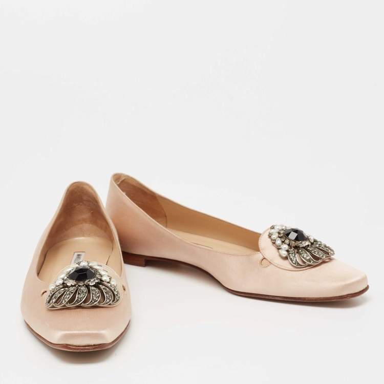Pre Owned Manolo Blahnik Light Pink Satin Crystal Embellished Buckle Ballet Flats Size 38