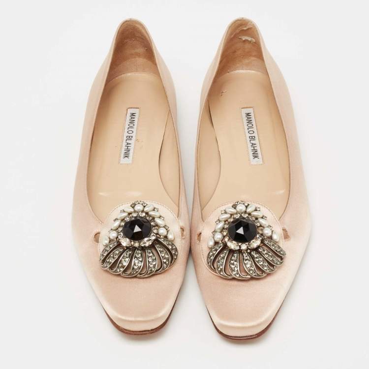 Pre Owned Manolo Blahnik Light Pink Satin Crystal Embellished Buckle Ballet Flats Size 38