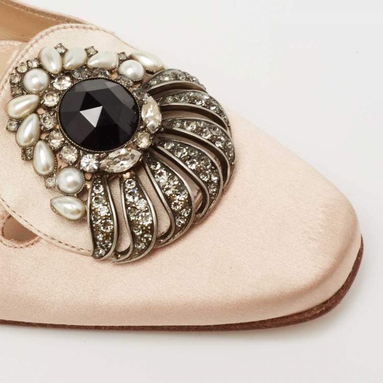 Pre Owned Manolo Blahnik Light Pink Satin Crystal Embellished Buckle Ballet Flats Size 38