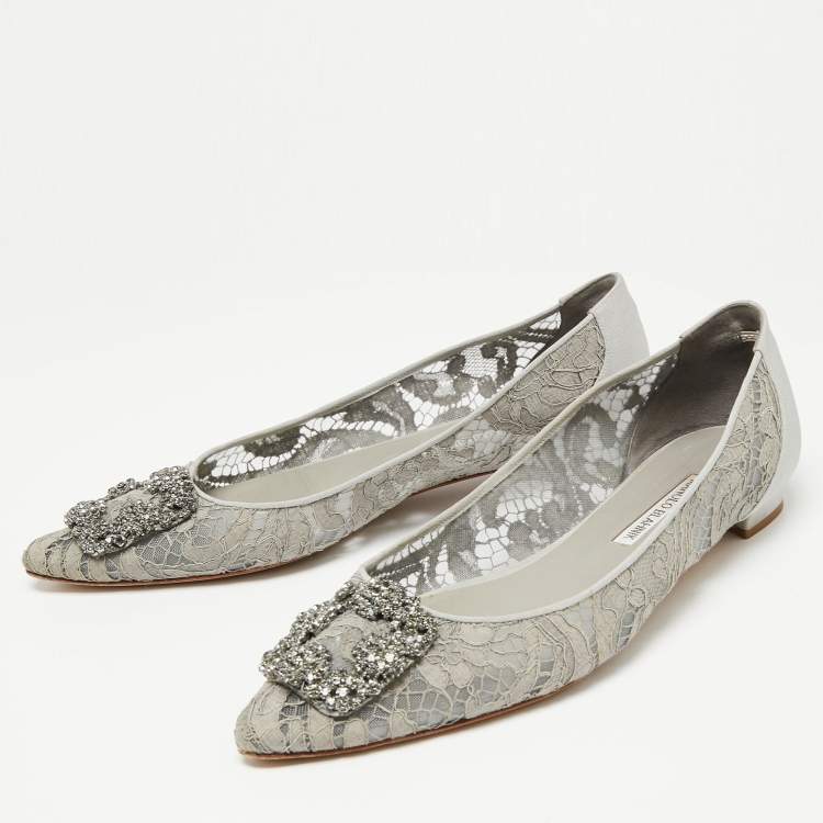 Pre Owned Manolo Blahnik Grey Lace and Satin Hangisi Ballet Flats Size 40.5