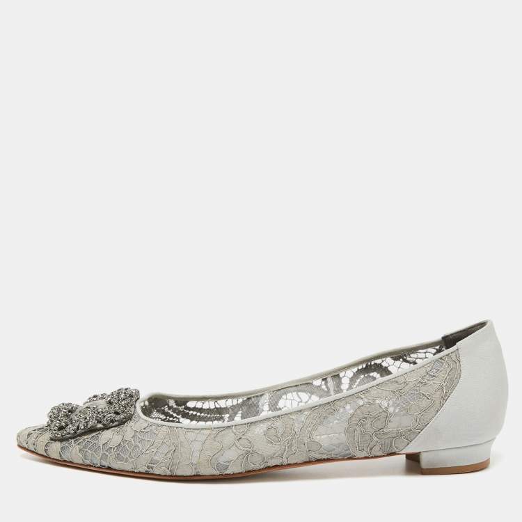 Pre Owned Manolo Blahnik Grey Lace and Satin Hangisi Ballet Flats Size 40.5