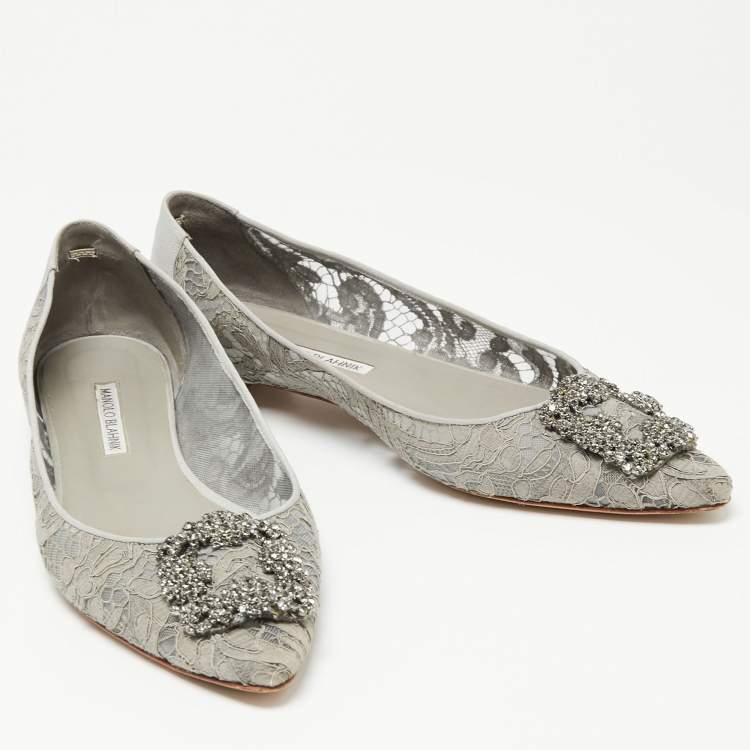 Pre Owned Manolo Blahnik Grey Lace and Satin Hangisi Ballet Flats Size 40.5