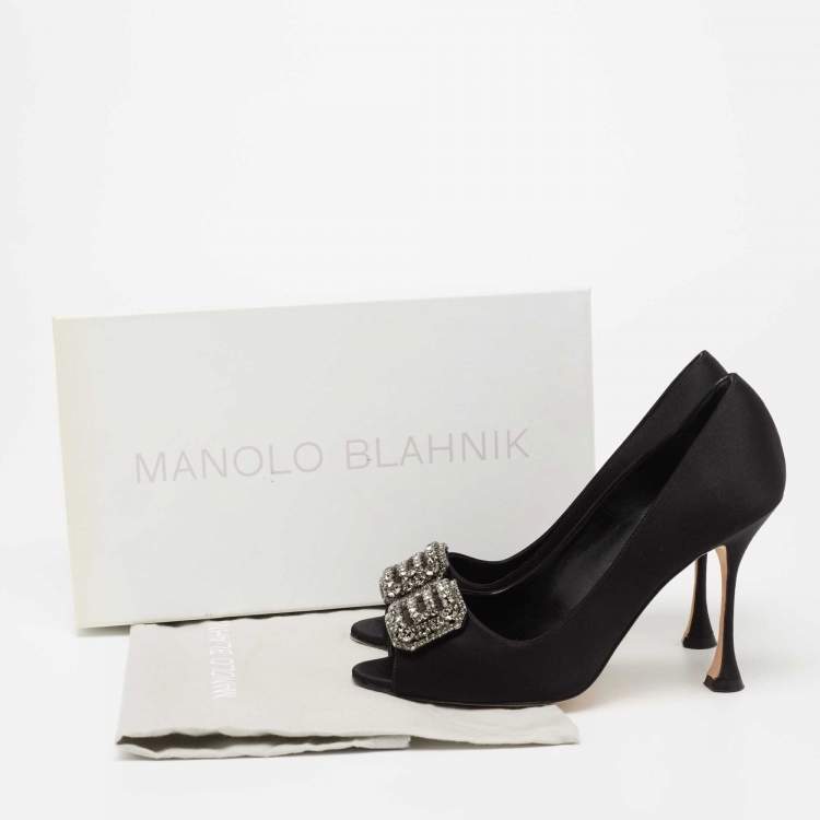 Pre Owned Manolo Blahnik Black Satin Matik Peep Toe Pumps Size 37.5