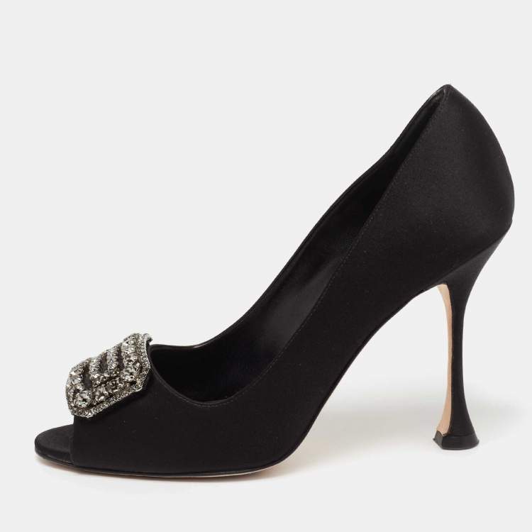 Pre Owned Manolo Blahnik Black Satin Matik Peep Toe Pumps Size 37.5