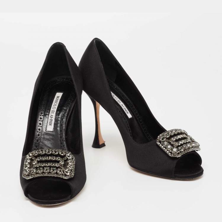 Pre Owned Manolo Blahnik Black Satin Matik Peep Toe Pumps Size 37.5