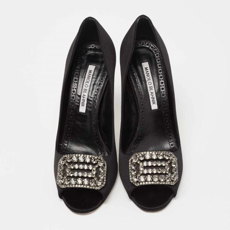 Pre Owned Manolo Blahnik Black Satin Matik Peep Toe Pumps Size 37.5