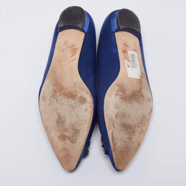 Pre Owned Manolo Blahnik Blue Satin Hangisi Ballet Flats Size 40.5