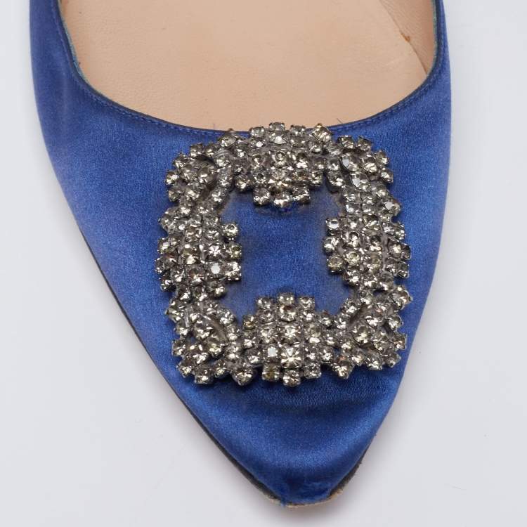 Pre Owned Manolo Blahnik Blue Satin Hangisi Ballet Flats Size 40.5