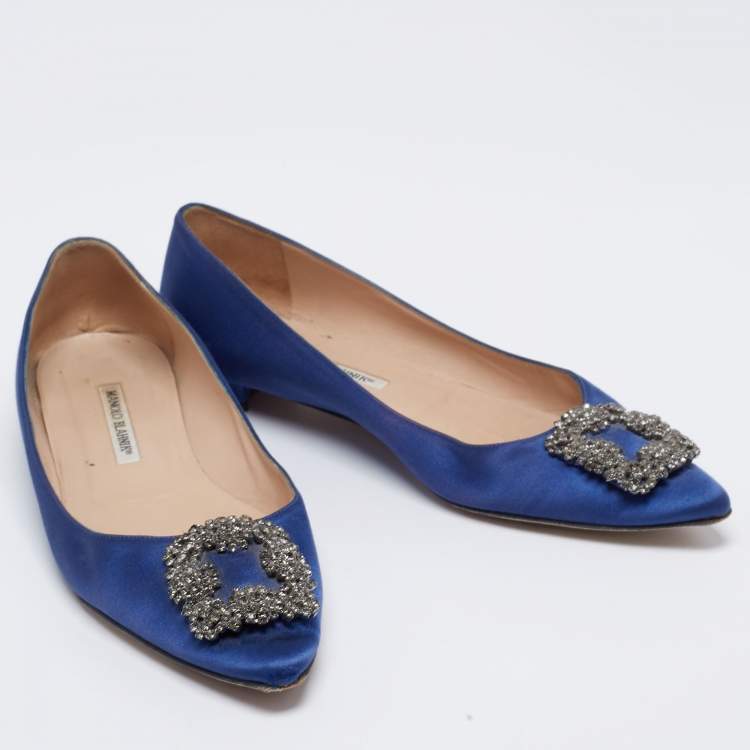 Pre Owned Manolo Blahnik Blue Satin Hangisi Ballet Flats Size 40.5