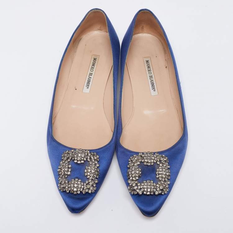 Pre Owned Manolo Blahnik Blue Satin Hangisi Ballet Flats Size 40.5