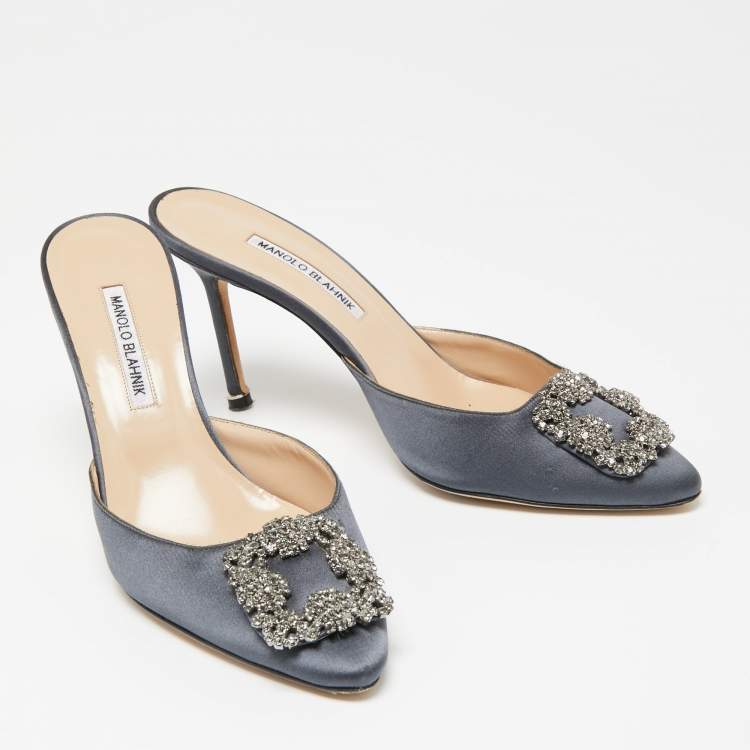 Pre Owned Manolo Blahnik Grey Satin Hangisi Mule Sandals Size 40