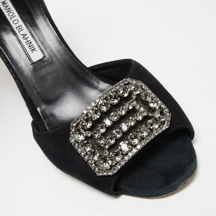 Pre Owned Manolo Blahnik Black Suede Crystal Embellished Trice Wedge Sandals Size 40