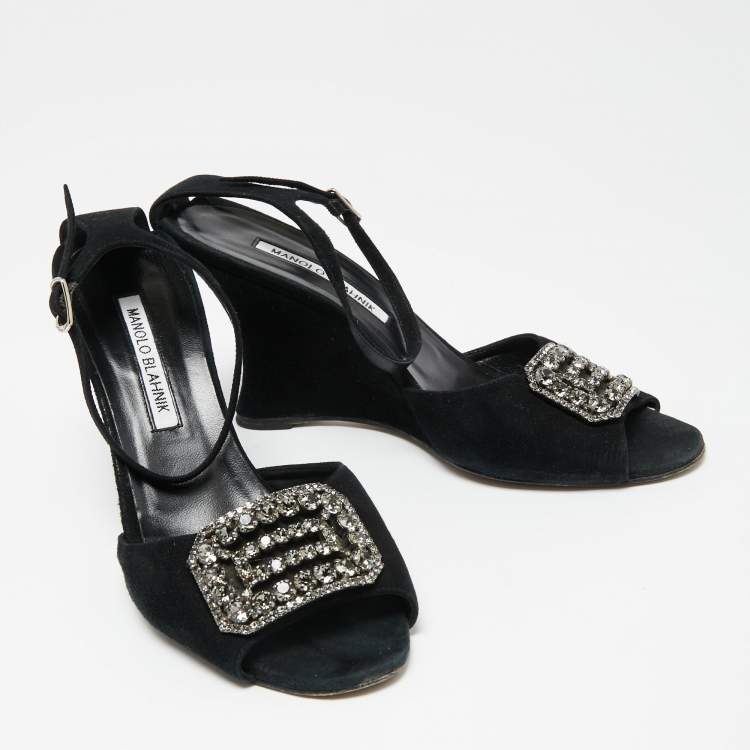 Pre Owned Manolo Blahnik Black Suede Crystal Embellished Trice Wedge Sandals Size 40