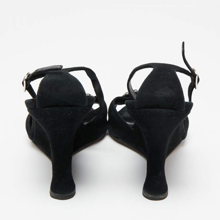 Pre Owned Manolo Blahnik Black Suede Crystal Embellished Trice Wedge Sandals Size 40