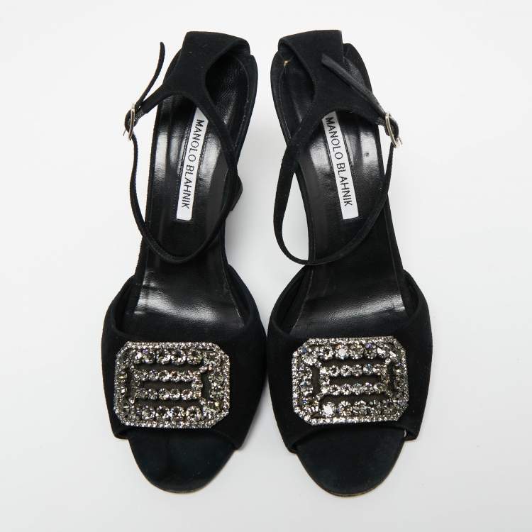 Pre Owned Manolo Blahnik Black Suede Crystal Embellished Trice Wedge Sandals Size 40