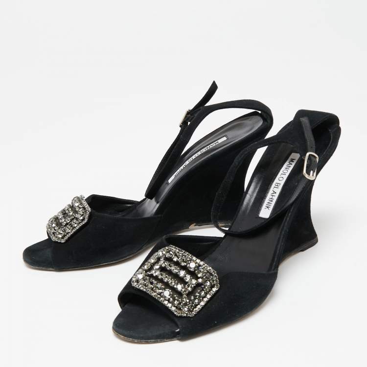 Pre Owned Manolo Blahnik Black Suede Crystal Embellished Trice Wedge Sandals Size 40